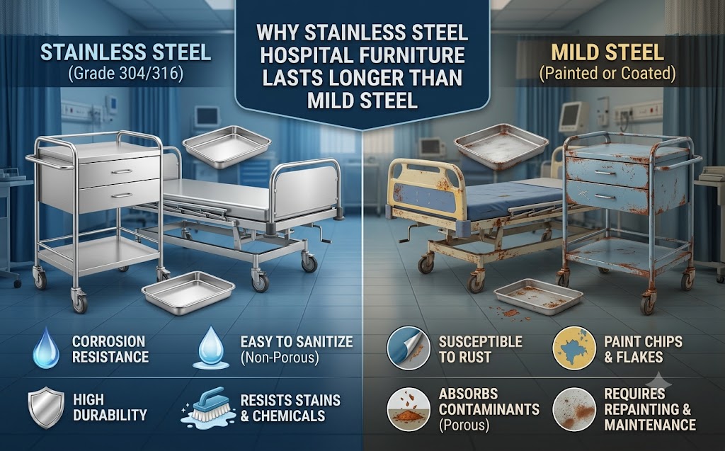 Why Stainless Steel Hospital Furniture Lasts Longer than Mild Steel Why Stainless Steel Hospital Furniture Lasts Longer than Mild Steel